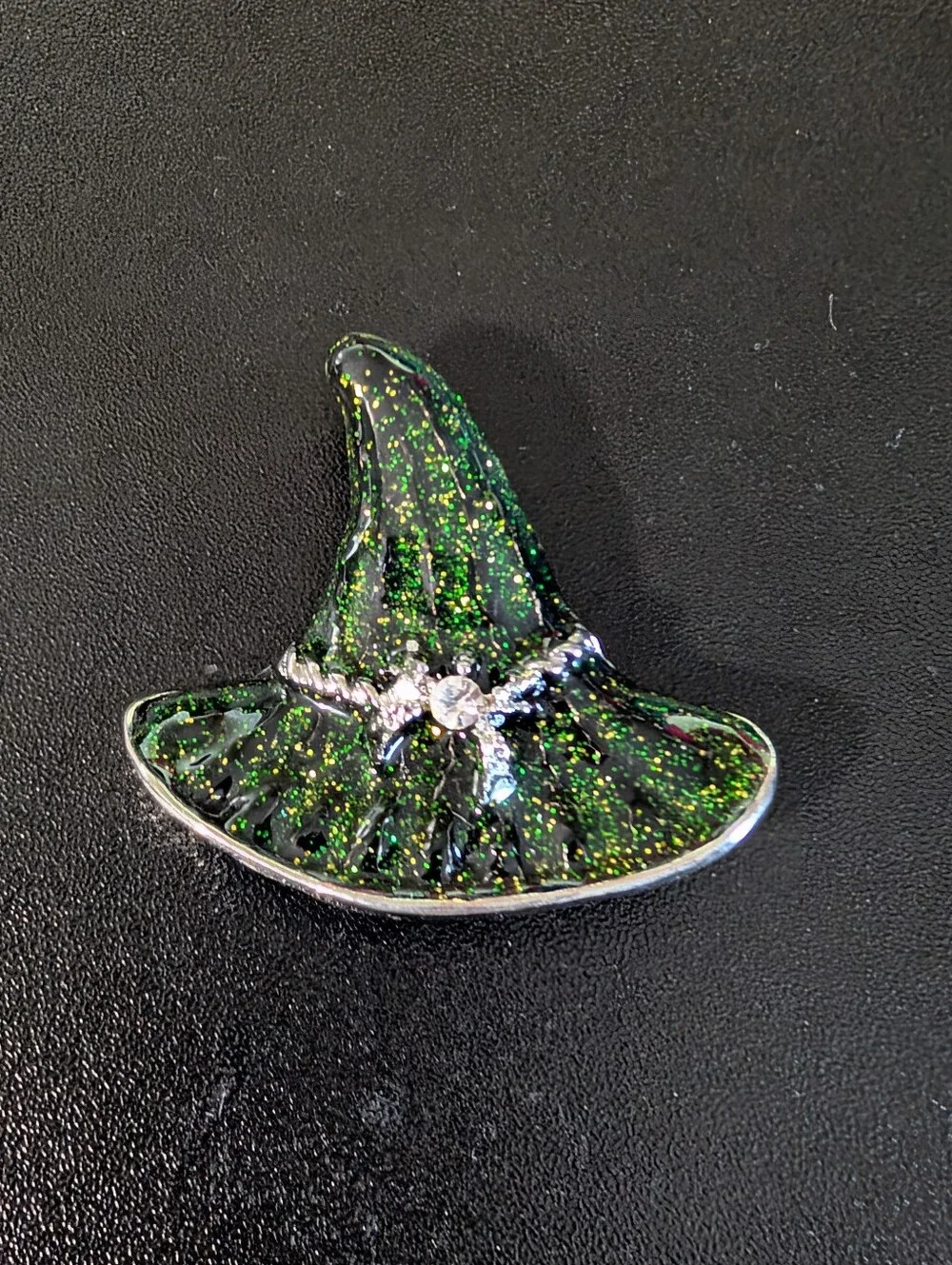 Green Glitter Witch Hat Brooch - Emerald Accent